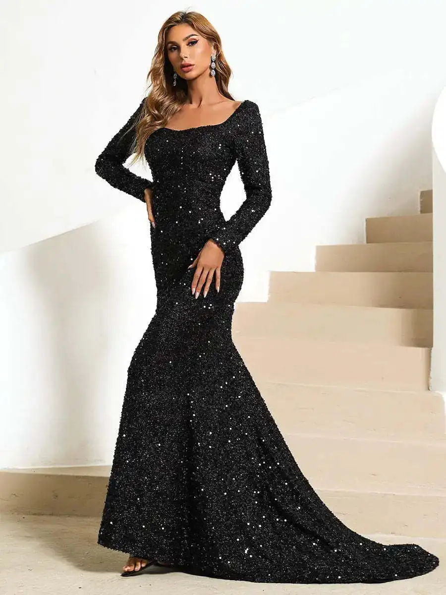 Long Sleeve Padded Sequin Maxi Dress Floor Length Sparkles Stretch V Neck Mermaid Formal Evening Night Party Gown Grey Black Red