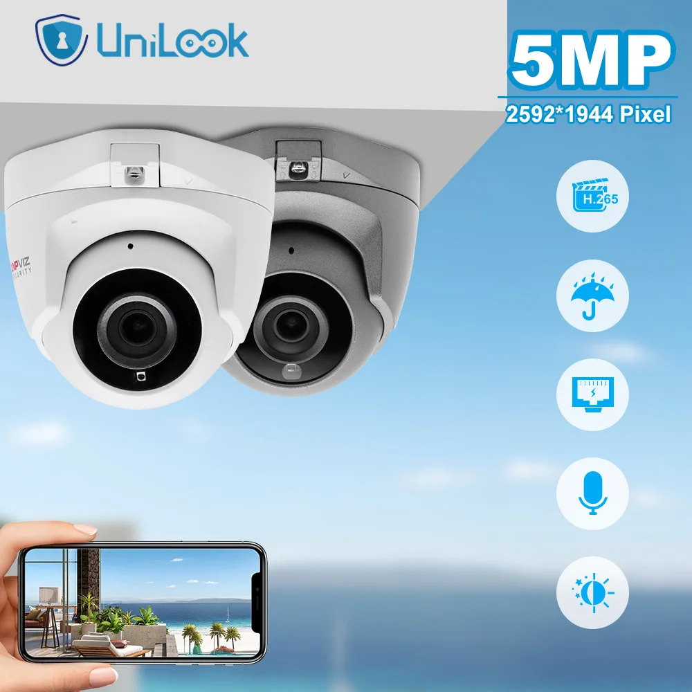 

UniLook 5MP Mini Dome POE IP-камера Наружная безопасность Аудиокамера Видеонаблюдение ИК 30 м Hikvision Совместимость H.265 P2P View