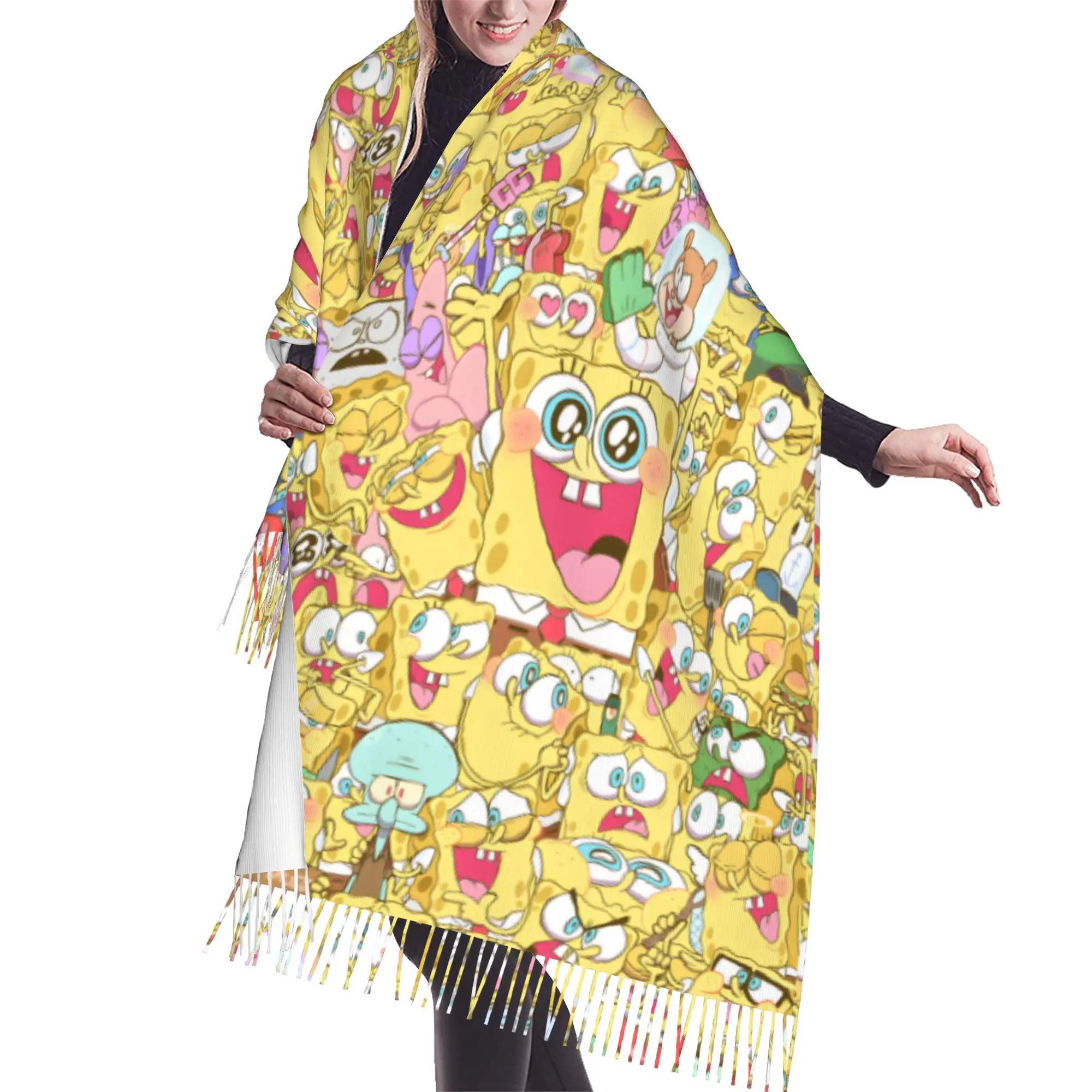 Custom S-Sponges Anime Bobes Scarf Wrap Women Long Winter Warm Tassel Shawl Unisex Starfish Cartoon Scarves