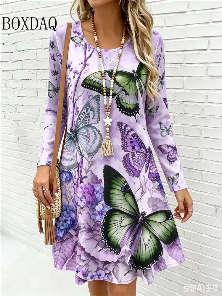 Women's Casual Long Sleeve Butterfly Flower Print Dress Vintage Casual Purple Floral Butterfly Design Woman Loose A-Line Dresses