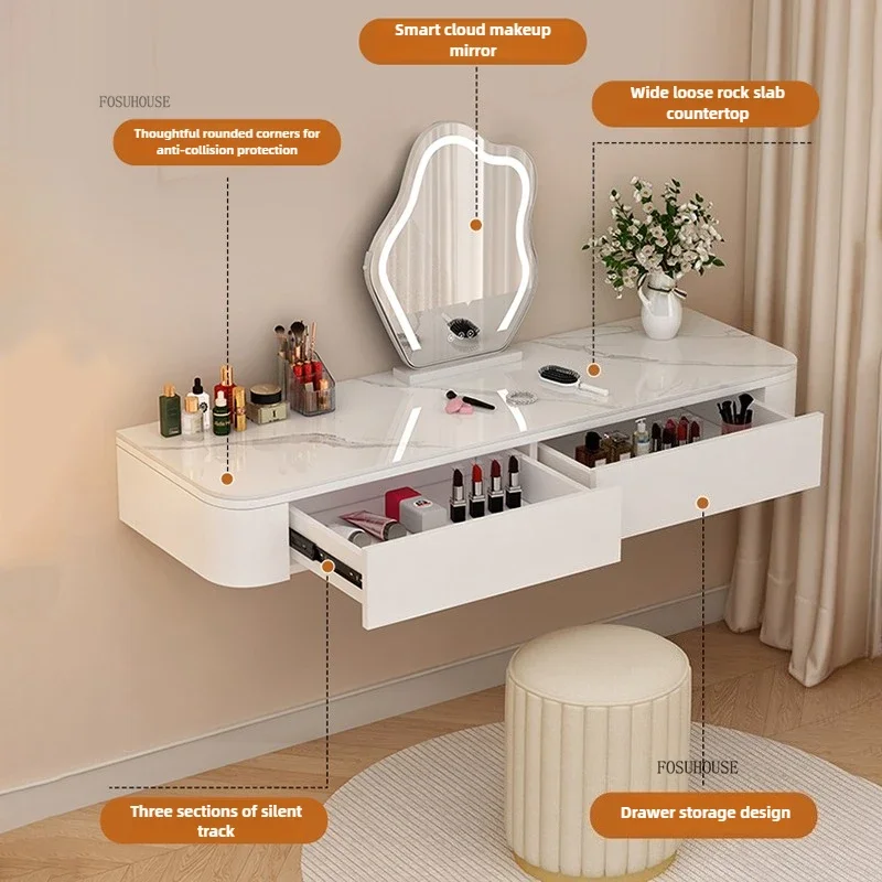 French Hanging Makeup Vanity for Home Bedroom Floating Dressing Table Bedside Cabinet Minimalist Vanity Makeup Desk with Drawers