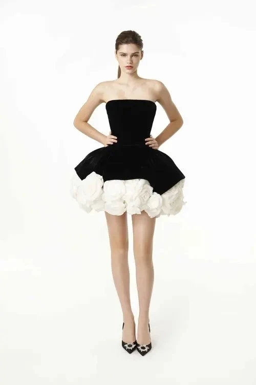 OIMG Black/White Ball Gown Short Mini Prom Dresses Velvet 3D Flowers Mini Tutu Fluffy Cocktail Party Evening Gowns Graduation