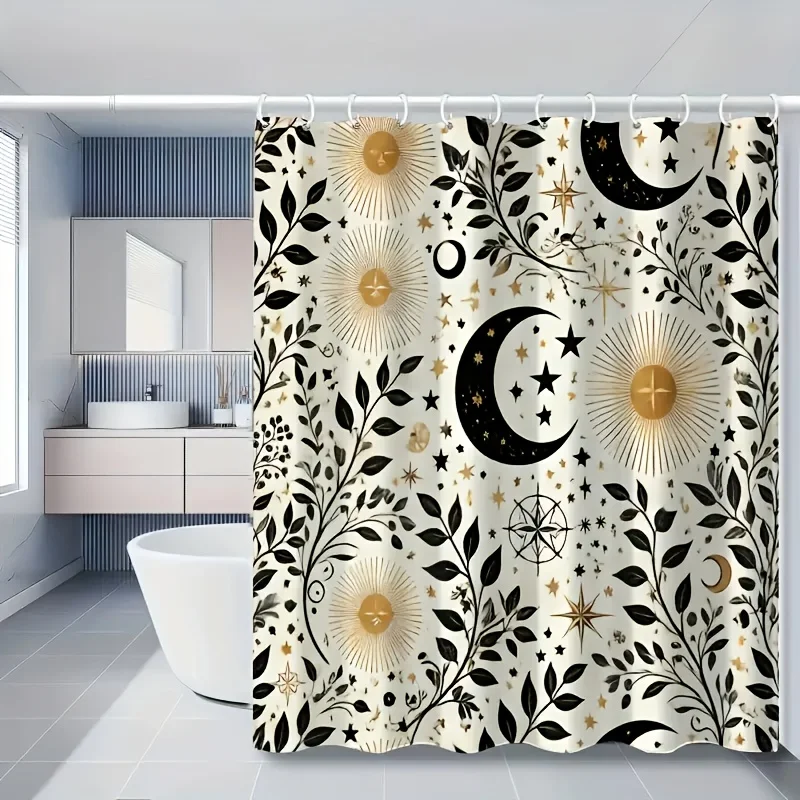 

Astrology Shower Curtain Polyester Washable – Gold Sun, Black Moon & Stars with Botanical Vines on Cream Background, 12 Hooks