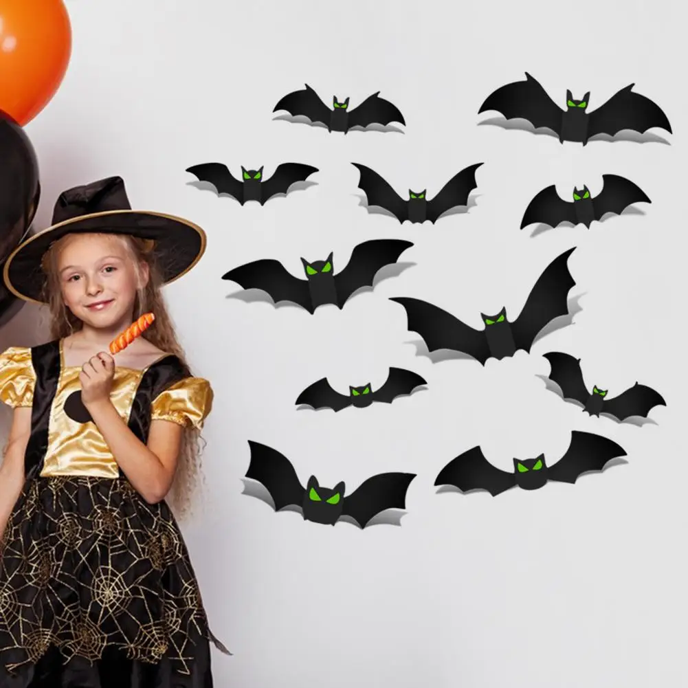 Pegatina de pared de murciélago de Halloween escalofriante, conjunto de decoración de murciélago de Halloween, pared 3d S con ojos brillantes para fiesta, baño, cocina, hogar, habitación