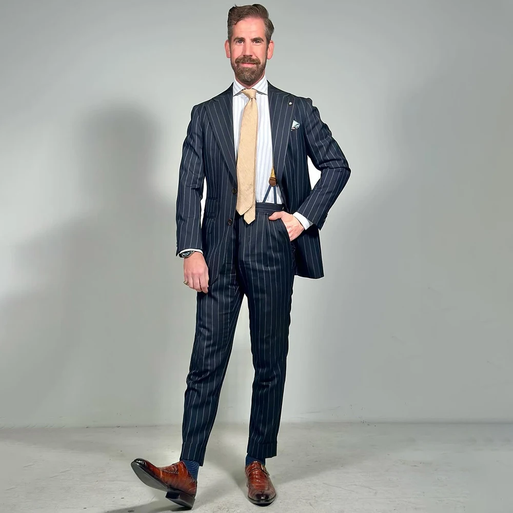 

Smart Casual Pinstripe Men's Suits Customzied Single Breasted Peak Lapel Slim Fit Male Clothing Business 2 Piece Jacket Pants