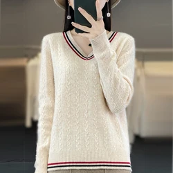 Women Merino Wool Sweater V-Neck Knitted Twisted Pullover Autumn Winter Thickening Clothing Soft Bottoming Color Matching Tops