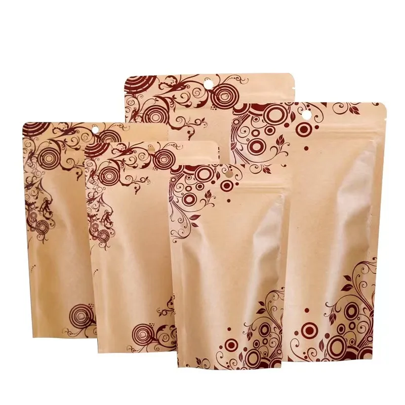 

10pcs Stand Up Flower Printed Kraft Paper Food Ziplock Bags Tea Coffee Gift Kitchen Storage Packing Pouch