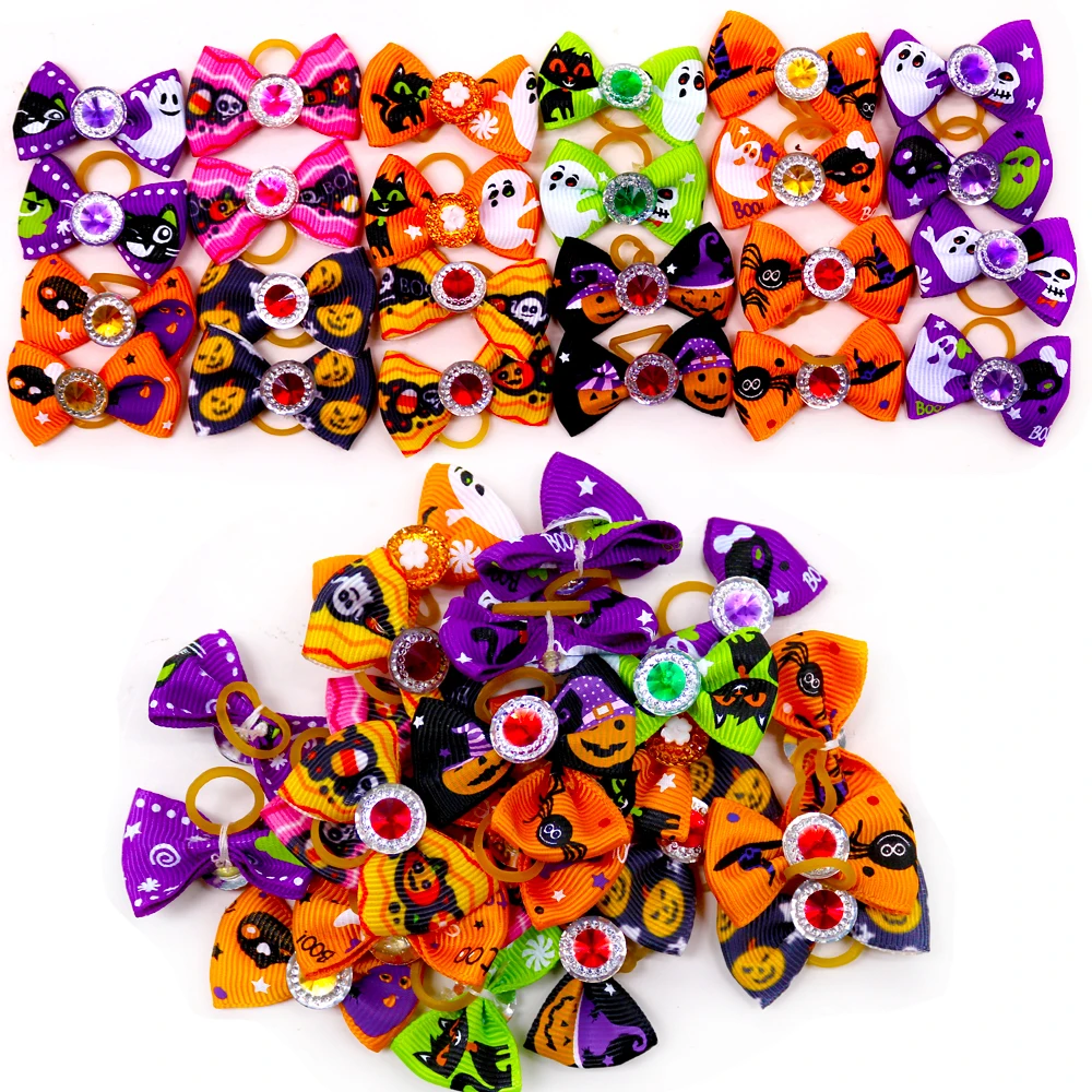 10pcs Halloween Pet Dog Hair Bows With Diomand Grooming Dog Bowknot Rubber Band Dog Bows For Puppy Party Holiday Pet Supplies