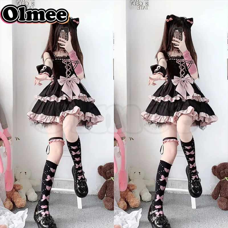 [Olmee] In Stock Black Kitty Lolita Two Layers Tired Short Skirt Pink Cosplay Costume Ear Jirai Kei Xmas Kawaii Jumper Dress Jsk