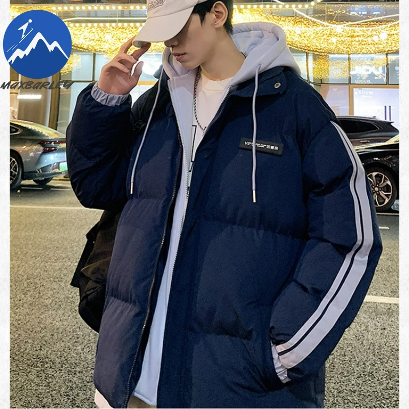 맥스바리 2025 신상 겨울 코튼 재킷 남성 K-팝 캐주얼 두꺼운 따뜻한 페이크 투 패딩 후드 패딩 재킷 하라주쿠 스키 패딩 코트