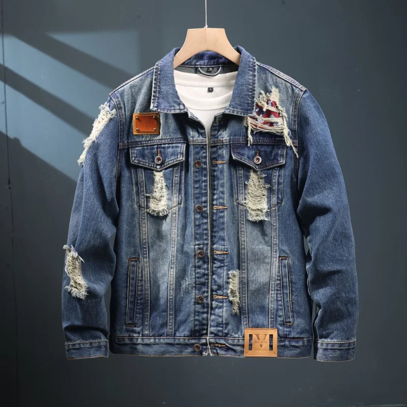 

2024 new fashion holes denim coat men's street trend patch design casual retro motorcycle jacket