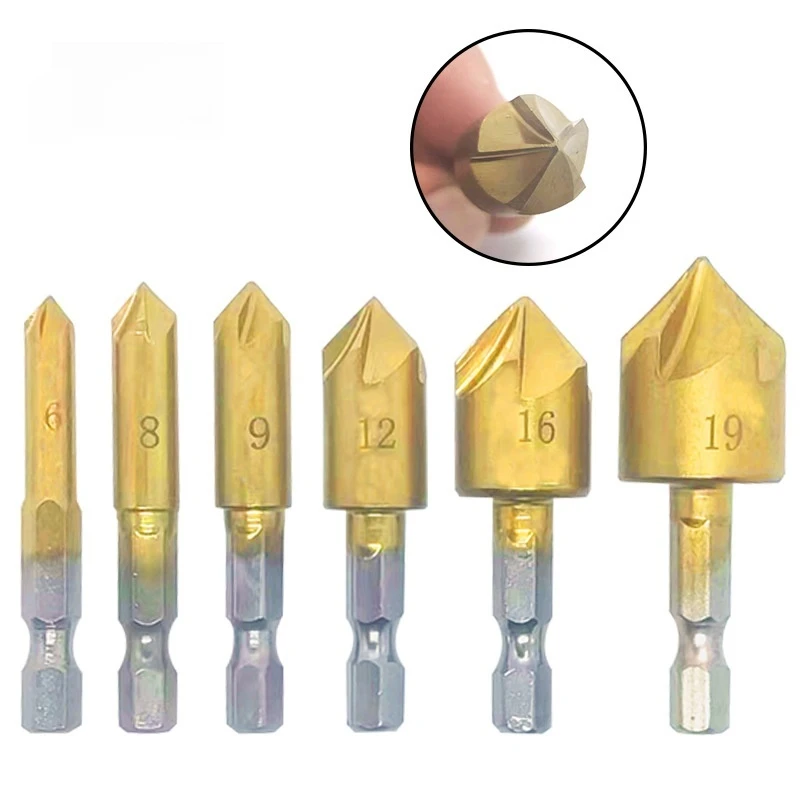 6PC Hexagonal Handle Titanium Plated Five Edge Chamfering Knife Countersunk Drill 6-19mm Woodworking Spot Facer Tool Set