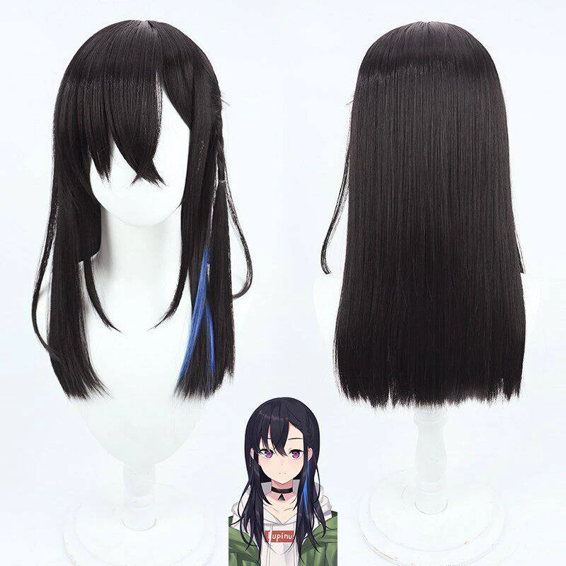 Anime VTuber Ichinose Uruha Cosplay Wig Long Black Hair Blue Streaks For Halloween Comicon Party Adult Women Men