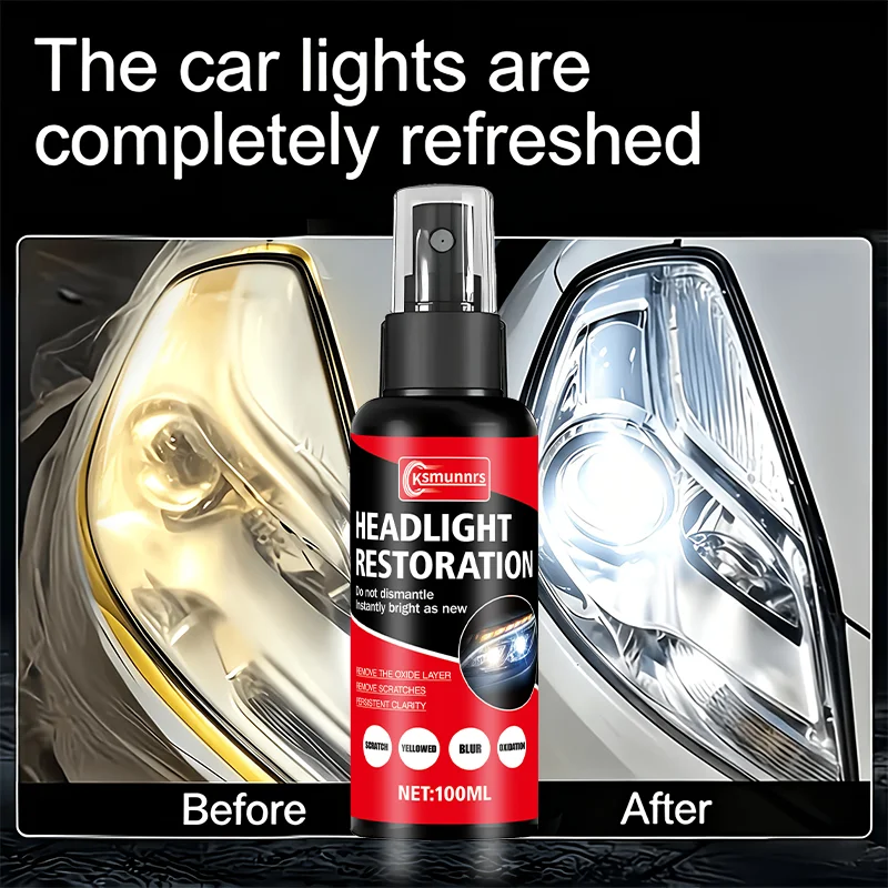 Headlight repair spray, removes yellowing, oxidation, and scratches, instantly brightens headlights - suitable for car headlight