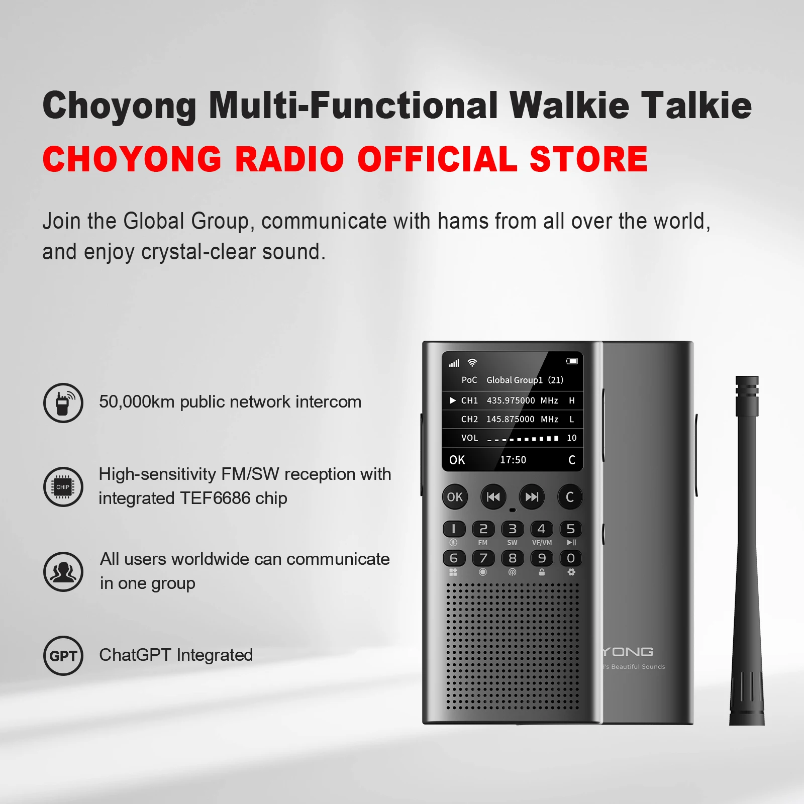 

Choyong Multi-Functional Walkie Talkie Professional/Business Walky Talky Long range Global Public Intercom Rechargable Handheld