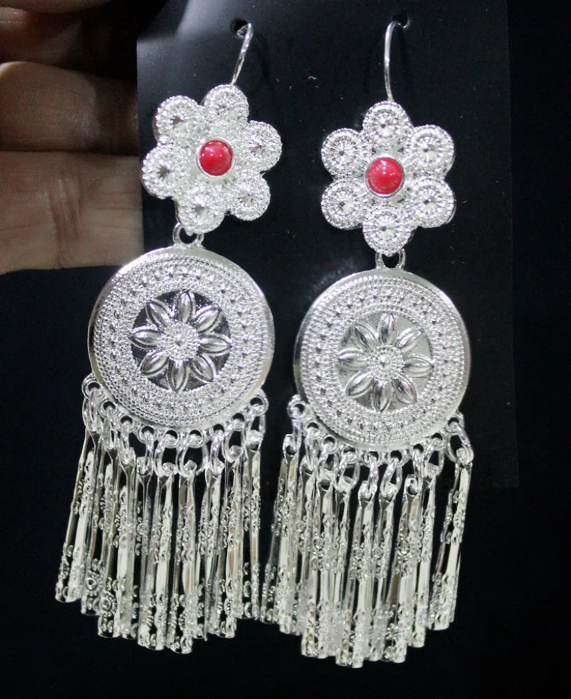 Miao Silver Earrings Hmong Jewelry Festival Accessories Hyperbole Tassel