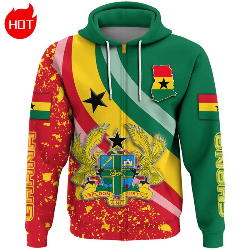 3D African Country Ghana Map Flag Printing Zip Up Hoodies The Republic-of Ghana Emblem Graphic Pullovers Vintage Mens Clothing