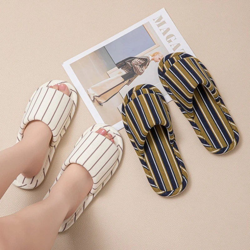 New Spring Men's Linen Slippers Simple Japanese Striped Silent Floor Shoes Unisex Comfortable Couple Parent-child Home Slippers image 6