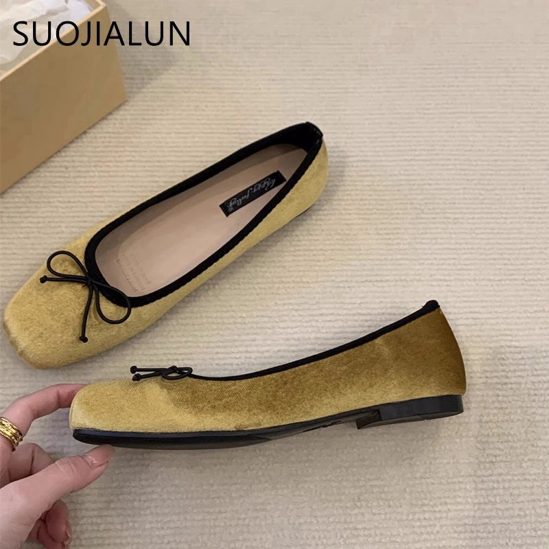 SUOJIALUN 2024 Spring New Women Flat Shoes Fashion Round Toe Shallow Slip On Ballerinas Shoes Soft Flat Heel Casual Ballet Shoes