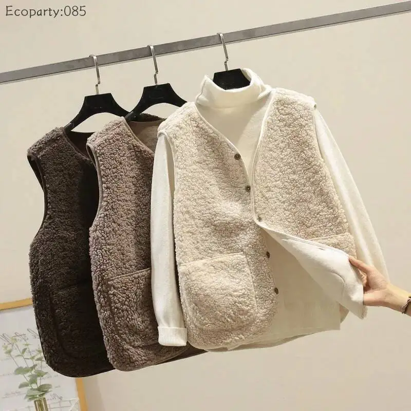 Women's Warm Winter Jacket Teddy Fleece Jacket Sleeveless Fluffy Plush V-Neck Vest Coat with Pockets Outdoor Winter Jacket