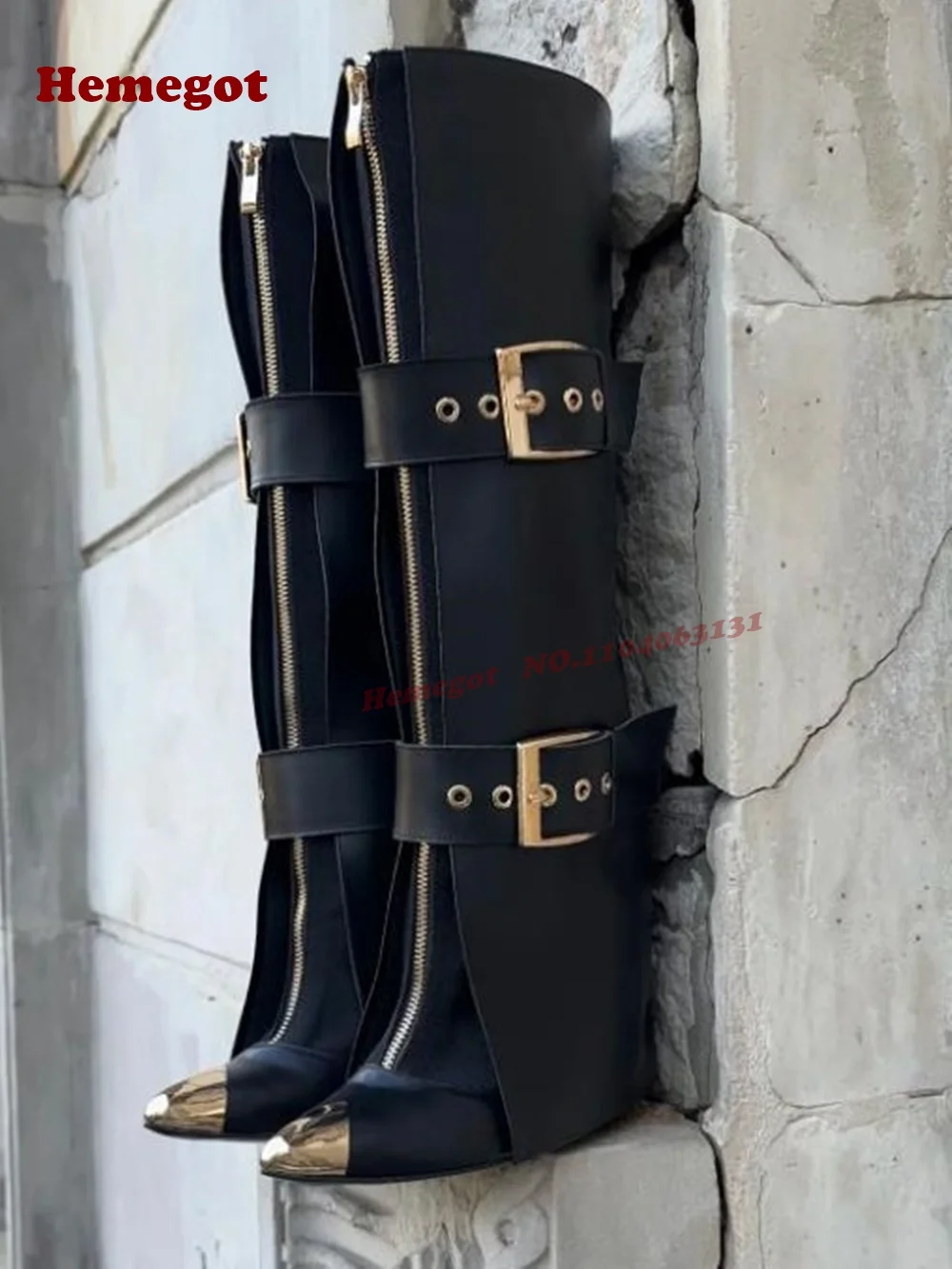 Metal Toe Front Zipper Knee High Boots Pointy Wedgesbelt Buckled Women's Long Boots Beige Flanging Solid Leather Runway Shoes
