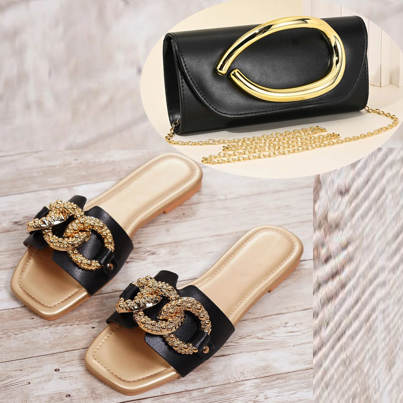 Women's 2026 Summer Fashion Diamond-encrusted Chain Slippers Flat Bottom Plus Size Beach Shoes Chain Shoulder Messenger Bag Set