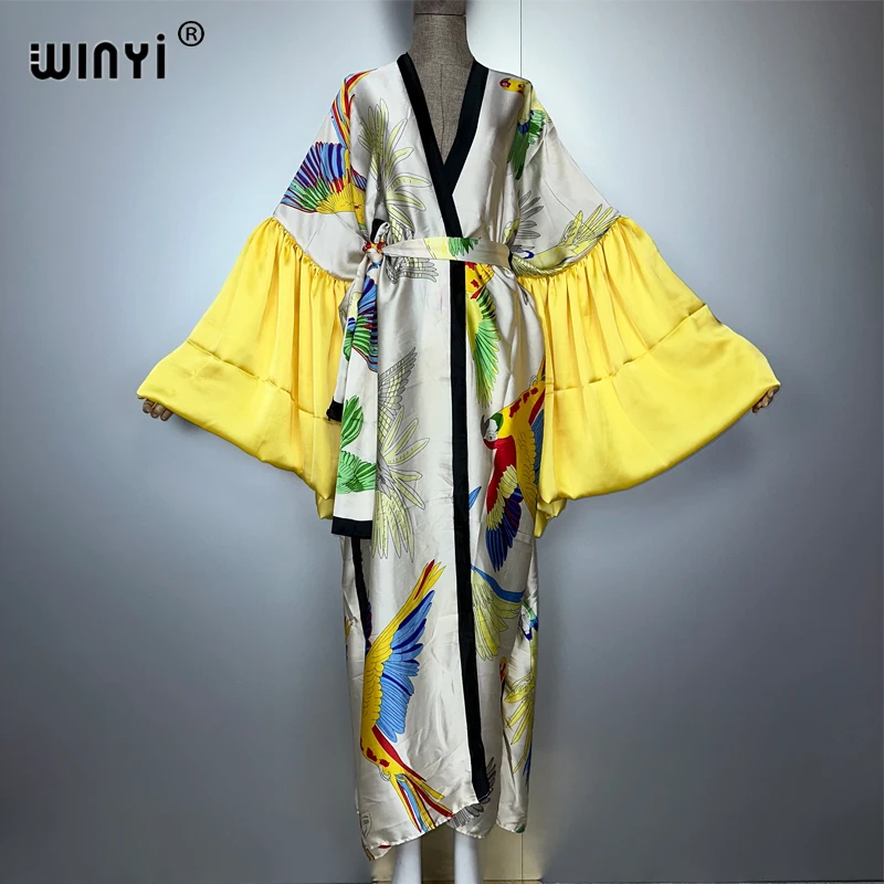 WINYI print Hanfu Kimono Evening dress Beach Wear Cover up Africa women loose puff(ed) sleeves Cardigan boho Holiday kaftan