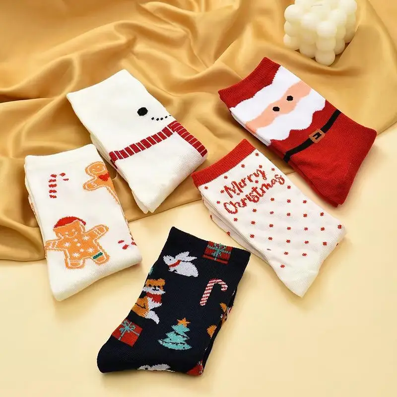 5 Paar Cartoon-Weihnachtssocken für Herbst und Winter, Weihnachtssocken, Elch-Mid-Tube-Socken, Weihnachts-Damensocken