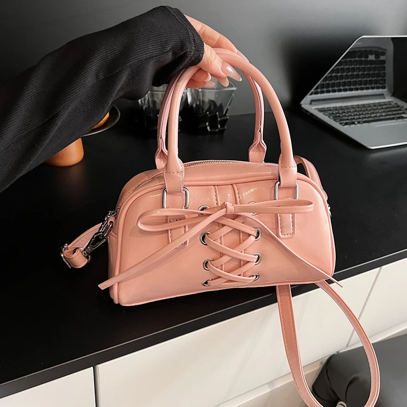 

Ladies Popular Handbag Short Handle Bag Female Cross Body Bag Solid Color Boston Bag PU Leather Bowling Bag Women Shoulder Bag