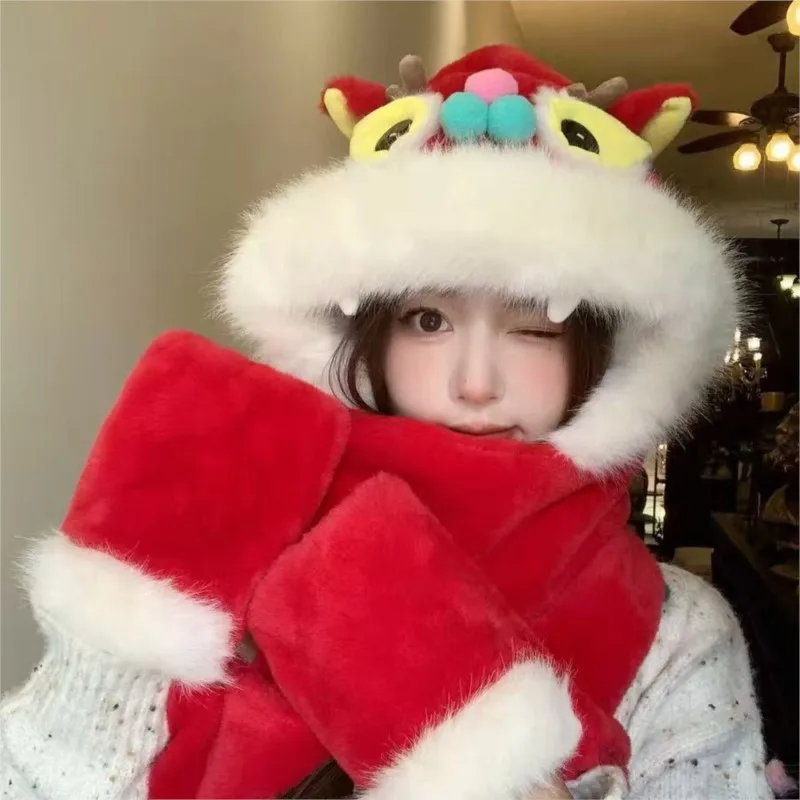 A new style of traditional Chinese red hat for girls cute student plush warm ear-protecting Lei Feng