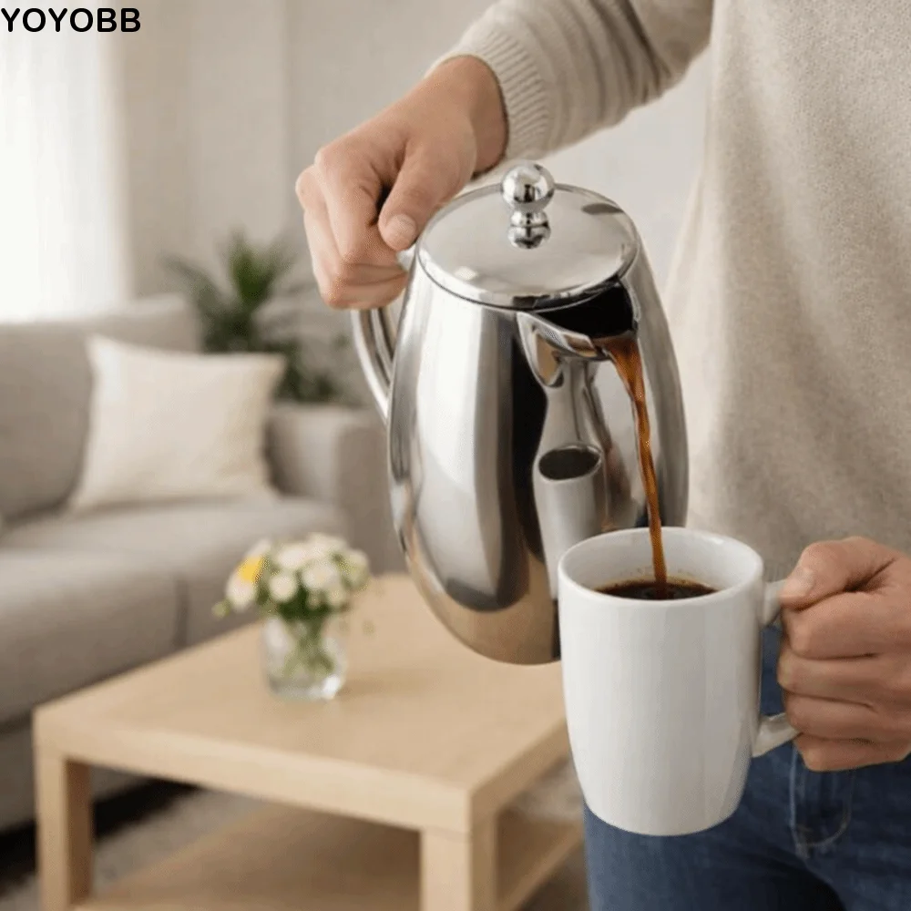 

Durable 304 Stainless Steel French Press Double Layer Insulated Pour-over Coffee Maker Drop-proof Mirror-like Coffee Pot Tea