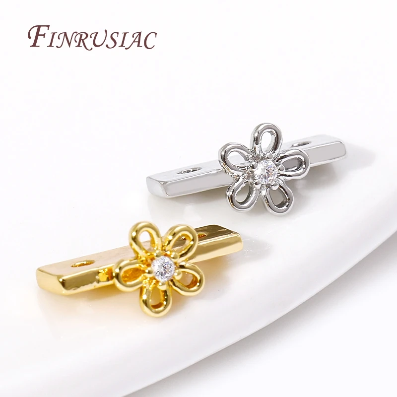 18K Gold Plated Inlay Zircon Flower Shape Beads Separators Connector 2 Hole Spacer Accessories For DIY Beading Jewelry Materials