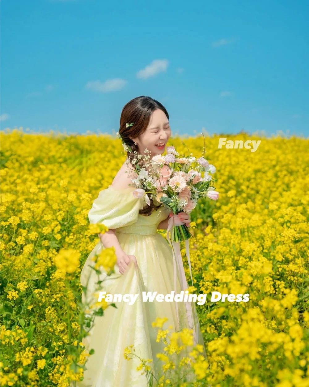 Fancy Korea Princess Yellow Off Shoulder Wedding Dress Photo Shoot A Line Soft Tulle Bridal Gown Back Corset Customized