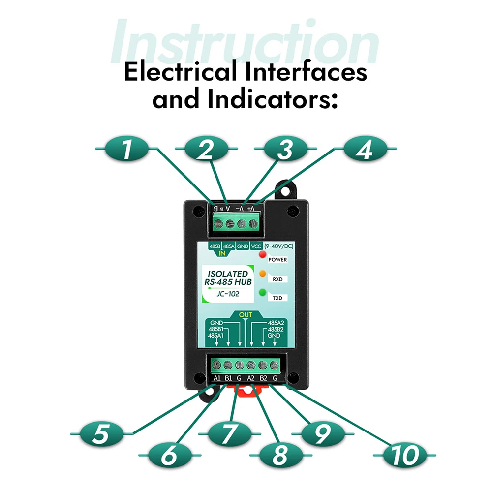 

DC 9-40V RS485 Optoelectronic Isolation Repeater Industrial Grade 485 Hub 2-port Signal Amplifier 300bps 115.2kbps