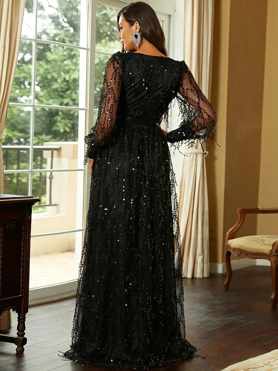 Elegant Banquet Elegance Ladies Autumn New Black Silk Mesh Sequin Display Banquet Event Evening Dress Long Dress Women's Dress