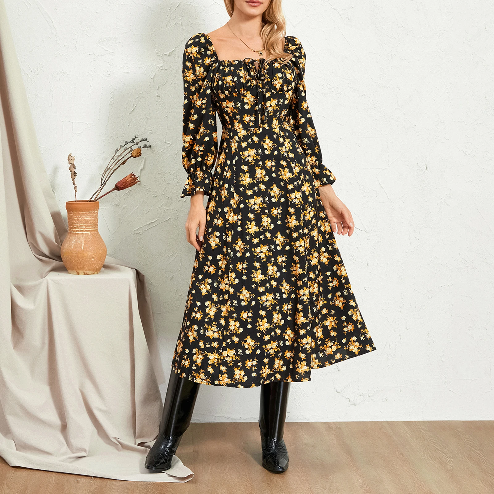 Vestido longo com estampa floral vintage feminino, manga longa, gola quadrada, vestido de fenda com laço, vestido chique de balanço de outono