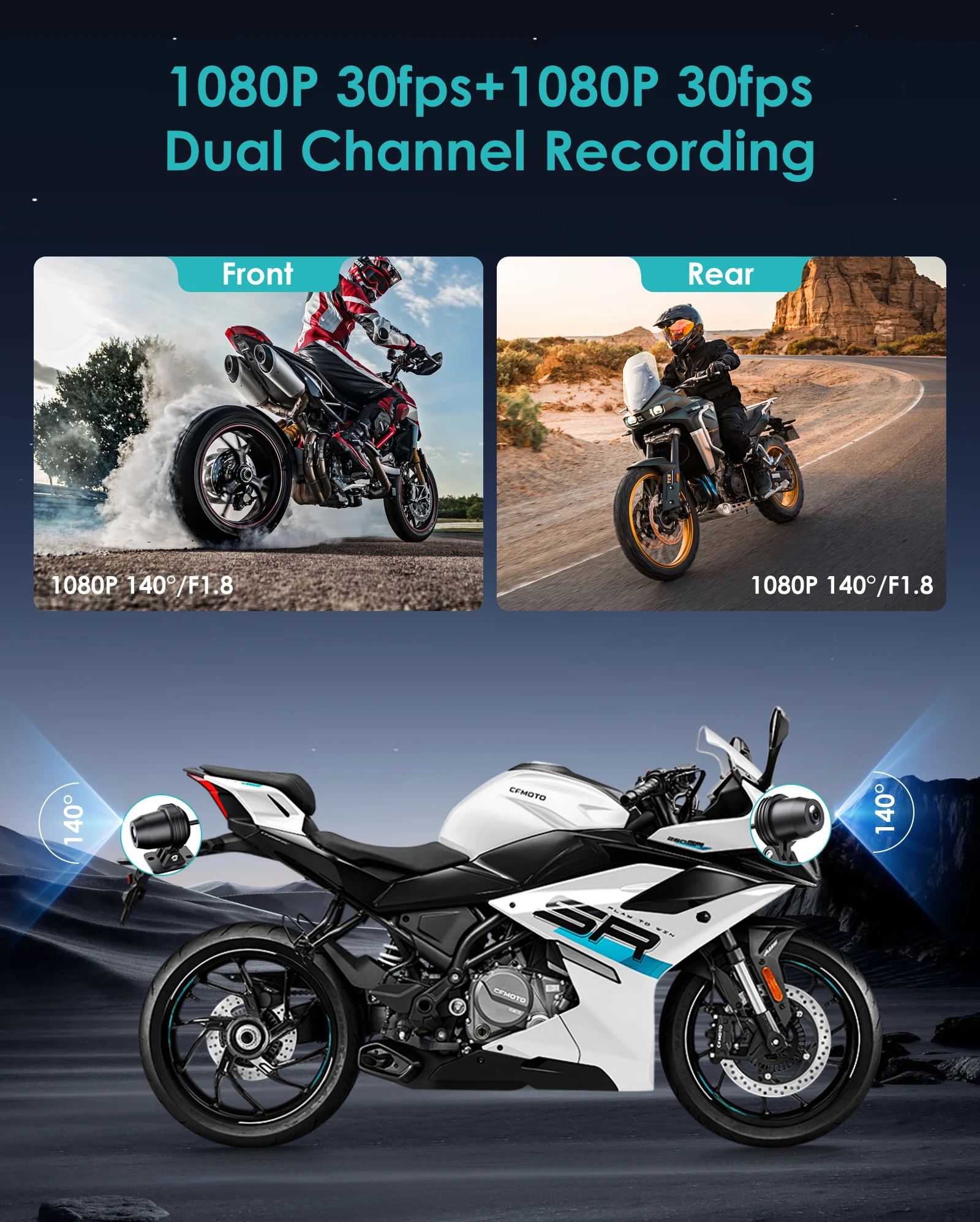 Motorcycle Dash Cam Single 2K / Dual 1080P Front & Rear Recording WiFi Waterproof DVR with Night Vision & Loop Recording