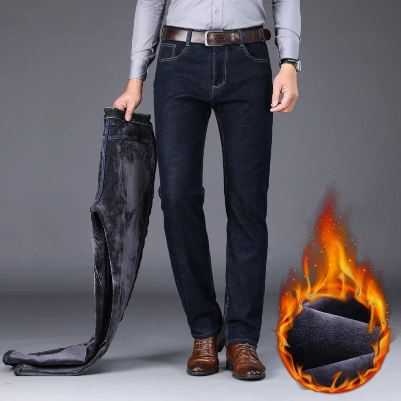 2025 Men\'s Winter Jeans Warm Straight Fit Fleece-lined Warm Denim Pants Male Classic Blue Business Stretch Thick Cowboy Trousers