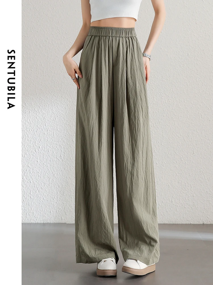 SENTUBILA Sports Full Length Baggy Pant 2024 Summer Korean Elastic Waist Loose Casual Trousers Straight Wide Leg Pants 142K54638