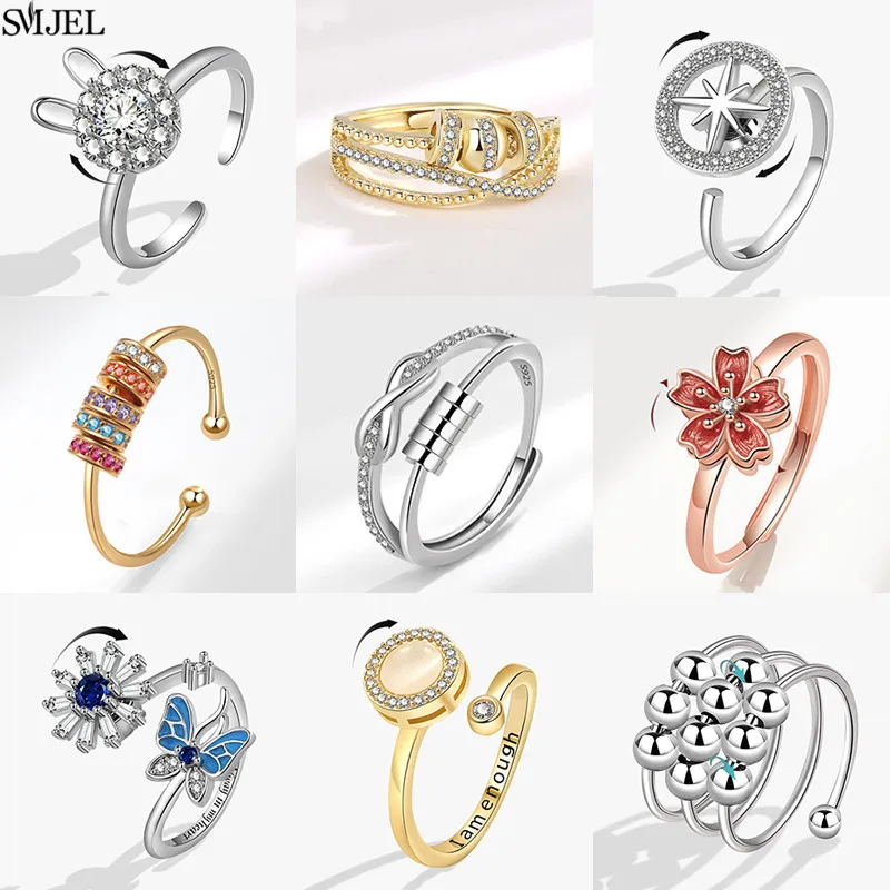 Romantic Cherry Blossom Anxiety Fidget Spinner Rings for Women Cute Rabbit Butterfly Beads Rotate Relaxing Ring Party Jewelry