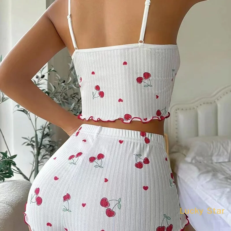 

Heart Shaped Printed Ladies' Pajama Set Butterfly Bow Suspender Casual Two-Piece Set Pajamas