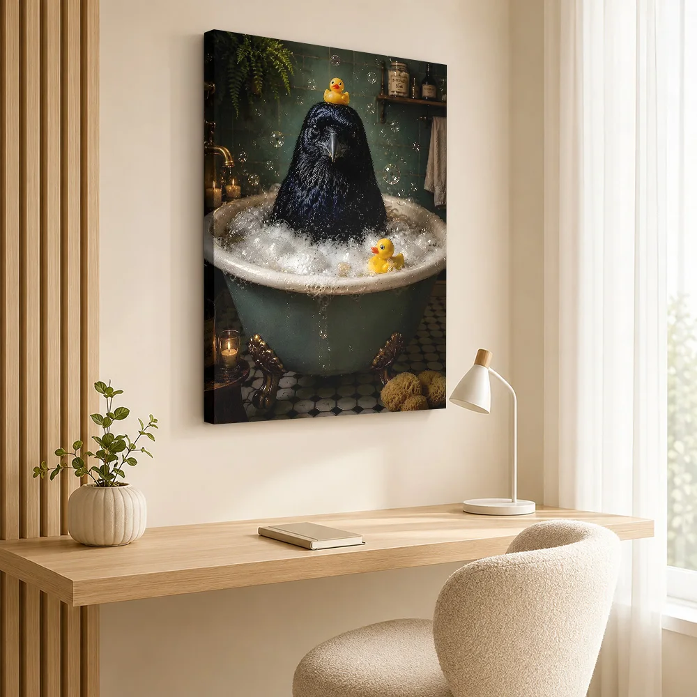 Raven in a Bathtub with Rubber Ducks Canvas Print Poster Personalized Photo Funny Animal Wall Paintings Decoration for Bedroom