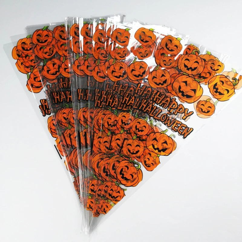 50-100PCS Plastic Halloween Candy Bag Triangle Snack Gift Bag Festival Pumpkin Pattern Decorated Package Bag Party Accessory ZYF