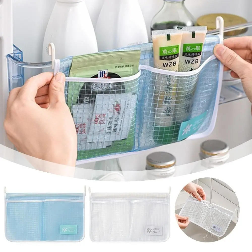 

Gifts Mesh Refrigerator Storage Bag with Hook Large Capacity Kitchen Storage Pockets Double Grid Compartment Sorting Bag