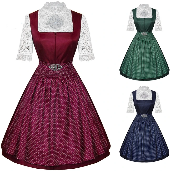 

Women Midi Red Costume Dress Oktoberfest Beer Maid Women Dirndl Dress with Lace Fashion Halloween Costume