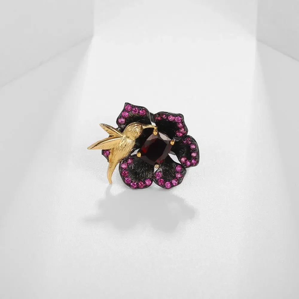GEM'S BALLET Natural Garnet Amethyst Flower Handmade Statement Rings 925 Sterling Silver Adjustable Open Ring For Women Jewelry