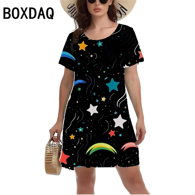 3D Blue Starry Sky Planet Meteor Pattern Print Dress Women Summer Short Sleeve Round Neck Casual A-Line Dress Vestidos De Mujer