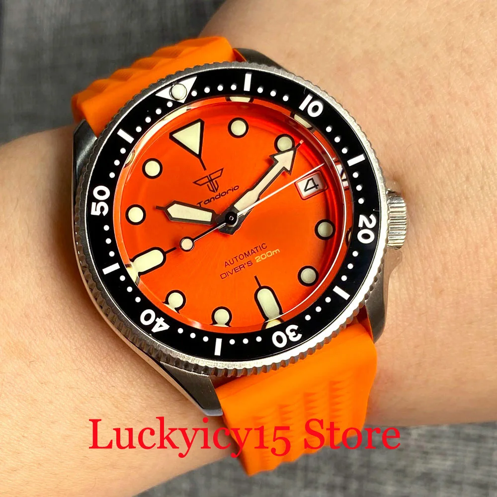 

Tandorio 37MM Black/Orange Dial Green Luminous NH35A Automatic Movement Watch For Men's Sapphire Crystal Orange Rubber Strap