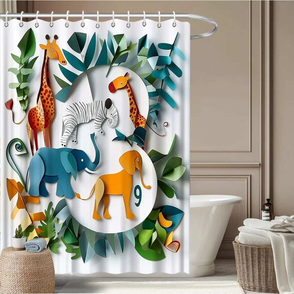 

Занавеска для душа с изображением животных из бумаги – Жираф, зебра, слон и собака на белом фоне, 2D плоская печать, полиэстер, 12 отверстий для крючков