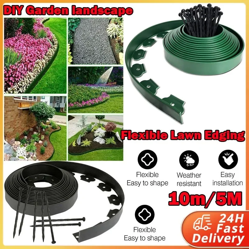 5M/10M Flexible Lawn Edging Plastic Garden Border With 15/30 Strong Fixing Pegs 5Cm Height Landscape Isolation Fence